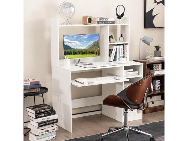 COSTWAY White Modern Large Computer Desk with Storage Shelf, Office Desk with Hutch, CPU Stand & Keyboard Tray, Home PC Desk with Bookshelf, for...