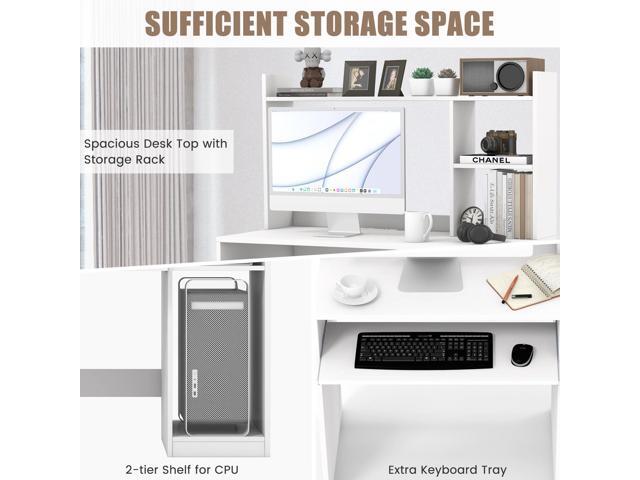 COSTWAY White Modern Large Computer Desk with Storage Shelf, Office Desk with Hutch, CPU Stand & Keyboard Tray, Home PC Desk with Bookshelf, for...