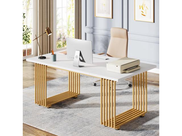 Tribesigns 70.9' Modern Office Desk, Wooden Computer Desk, White Executive Desk with Gold Metal Legs, Large Workstation for Home Office, Study...