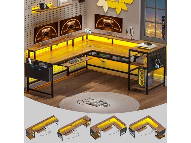 SEDETA L Shaped Computer Desk, Reversible Computer Desks, L Shaped Desk with Power Outlets & LED Strip, Monitor Shelf, Keyboard Tray, Pegboard and...