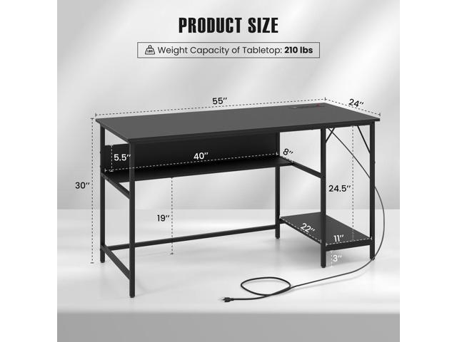 55 Computer Desk, PC Gaming Desk with Power Outlet & USB Ports, Large Home Office Desk with Storage Shelves & Steel Frame, Industrial Study Desk...