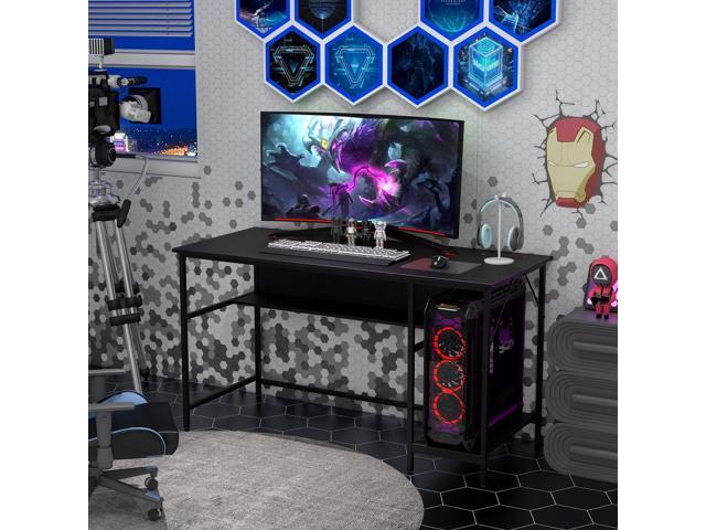 55 Computer Desk, PC Gaming Desk with Power Outlet & USB Ports, Large Home Office Desk with Storage Shelves & Steel Frame, Industrial Study Desk...