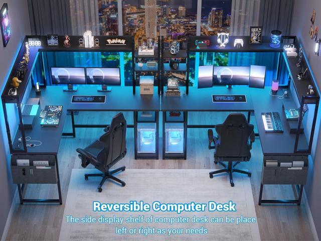 Aheaplus L Shaped Desk with Power Outlet, L Shaped Gaming Desk with Led Light & Hutch, Reversible Home Office Desk, Corner Computer Desk Writing...