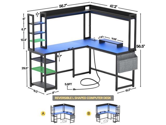 Aheaplus L Shaped Desk with Power Outlet, L Shaped Gaming Desk with Led Light & Hutch, Reversible Home Office Desk, Corner Computer Desk Writing...