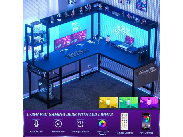 Aheaplus L Shaped Desk with Power Outlet, L Shaped Gaming Desk with Led Light & Hutch, Reversible Home Office Desk, Corner Computer Desk Writing...