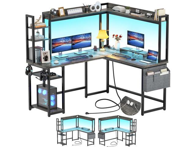 Aheaplus L Shaped Desk with Power Outlet, L Shaped Gaming Desk with Led Light & Hutch, Reversible Home Office Desk, Corner Computer Desk Writing...