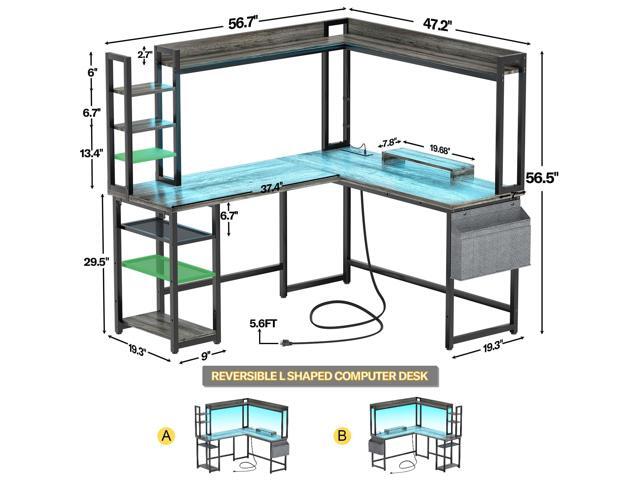 Aheaplus L Shaped Desk with Power Outlet, L Shaped Gaming Desk with Led Light & Hutch, Reversible Home Office Desk, Corner Computer Desk Writing...