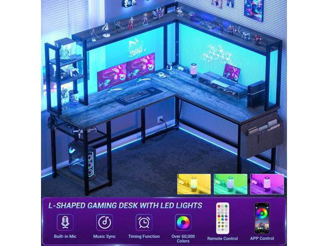 Aheaplus L Shaped Desk with Power Outlet, L Shaped Gaming Desk with Led Light & Hutch, Reversible Home Office Desk, Corner Computer Desk Writing...