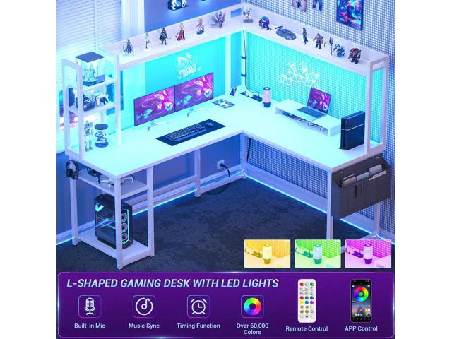 Aheaplus L Shaped Desk with Power Outlet, L Shaped Gaming Desk with Led Light & Hutch, Reversible Home Office Desk, Corner Computer Desk Writing...