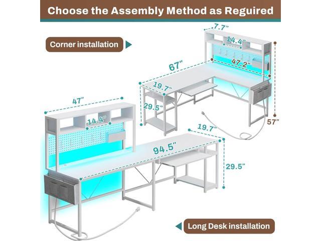 SEDETA White L Shaped Gaming Desk, Reversible Corner With Power Outlet and Pegboard, Hutch, Storage Shelf, Keyboard Tray, and LED Lights for Home...