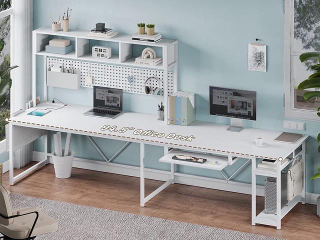 SEDETA White L Shaped Gaming Desk, Reversible Corner With Power Outlet and Pegboard, Hutch, Storage Shelf, Keyboard Tray, and LED Lights for Home...