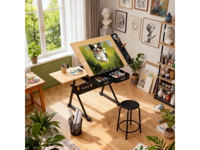 Magshion Professional Drafting Table for Adults w/Stool, Tilting Wooden Tabletop & Adjustable Height, Art Craft Desk Watercolor Painting Sketching...