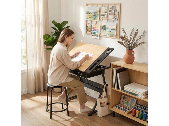 Magshion Professional Drafting Table for Adults w/Stool, Tilting Wooden Tabletop & Adjustable Height, Art Craft Desk Watercolor Painting Sketching...