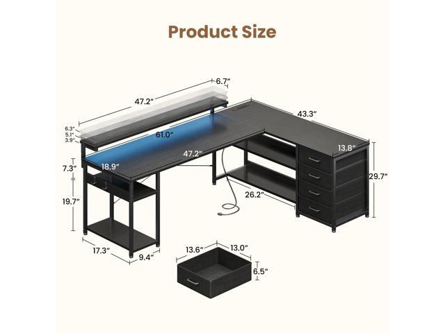 AODK 61' L Shaped Desk with Drawer, Computer Desk with Power Outlets & LED Lights, Reversible Corner Gaming Desk for Home Office Workstation,...