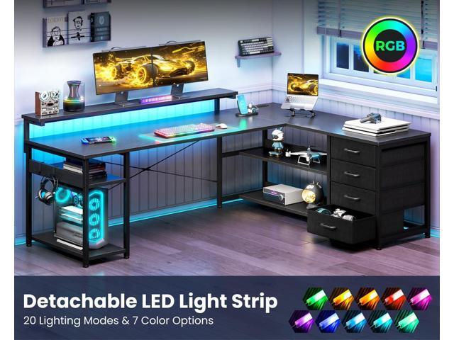 AODK 61' L Shaped Desk with Drawer, Computer Desk with Power Outlets & LED Lights, Reversible Corner Gaming Desk for Home Office Workstation,...