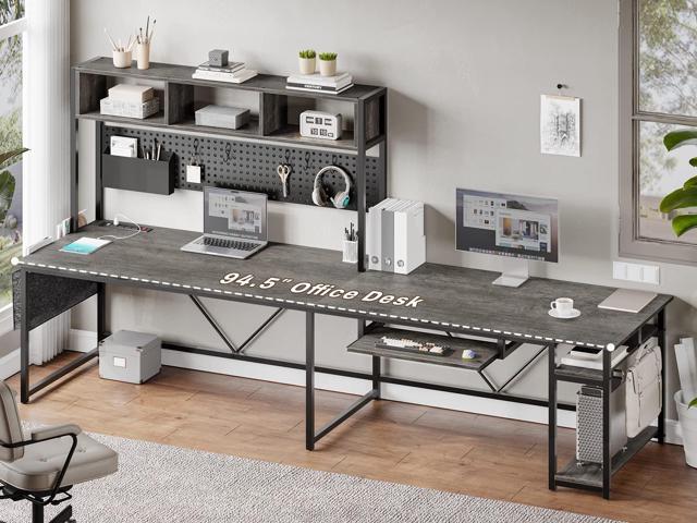 SEDETA L Shaped Desk, 94.5 Inch Home Office Desk with Power Outlet & Pegboard, L Shaped Gaming Desk with LED Light, Keyboard Tray, Storage Shelves...