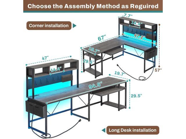 SEDETA L Shaped Desk, 94.5 Inch Home Office Desk with Power Outlet & Pegboard, L Shaped Gaming Desk with LED Light, Keyboard Tray, Storage Shelves...