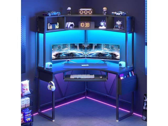 SEDETA Corner Desk, Small Computer Desk with Hutch & LED Lights, Triangle Corner Gaming Computer Desk with Keyboard Tray, Storage Bag, and...