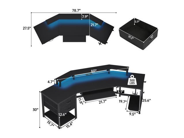 SEDETA 79' Gaming Desk, Computer Desk with 2 Fabric Drawers & LED Light, L Shaped Gaming Desk with Storage Shelf for Home Office, Carbon Fiber Black