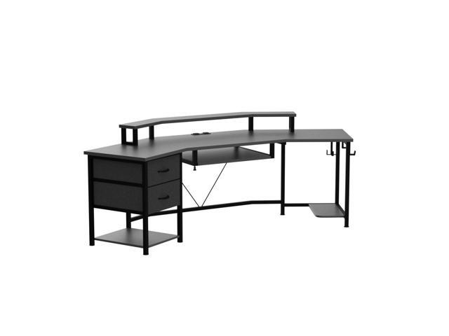SEDETA 79' Gaming Desk, Computer Desk with 2 Fabric Drawers & LED Light, L Shaped Gaming Desk with Storage Shelf for Home Office, Carbon Fiber Black