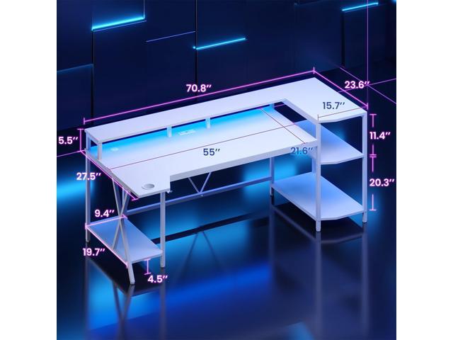 SEDETA White Gaming Desk 70.8'' with LED Lights and Storage Shelves, Computer Desk with Monitor Stand, Power Outlets and Cup Holder, Large PC Gamer...