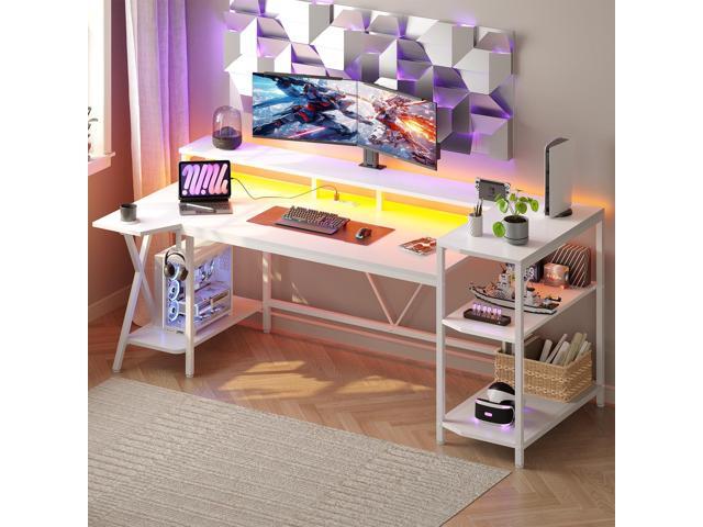 SEDETA White Gaming Desk 70.8'' with LED Lights and Storage Shelves, Computer Desk with Monitor Stand, Power Outlets and Cup Holder, Large PC Gamer...