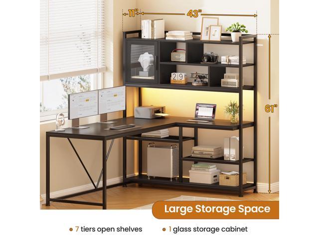 SEDETA L Shaped Computer Desk, 58'' Office Desk with LED Light and Bookshelf, L Shaped Corner Desk with Storage Shelves for Home Office, Gaming...