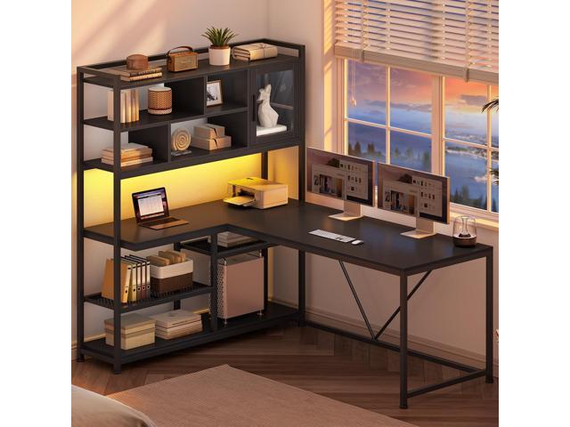 SEDETA L Shaped Computer Desk, 58'' Office Desk with LED Light and Bookshelf, L Shaped Corner Desk with Storage Shelves for Home Office, Gaming...