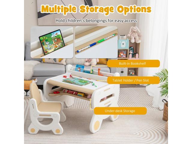 Costzon Toddler Table and Chair Set, Plastic Activity Desk w/Whiteboard, Watercolor Pens, Blackboard Eraser & Storage Shelf for Drawing Reading...