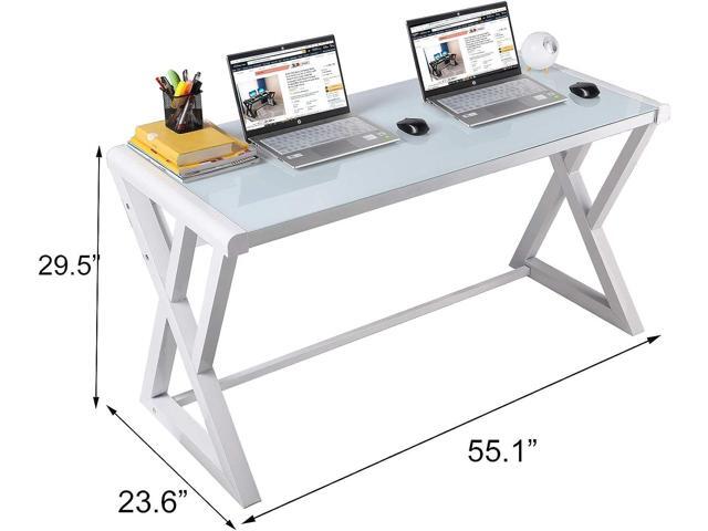 BINGTOO 55.1' Glass Top Computer Desk with Metal Frame - Modern Simple Workstation for Home Office, Gaming, Writing, Study & Work, White