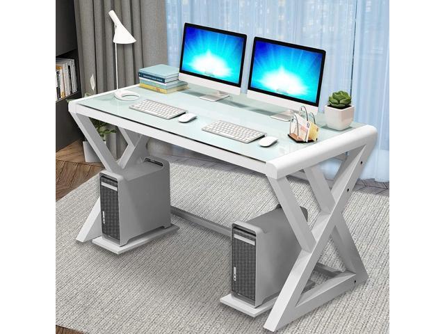 BINGTOO 55.1' Glass Top Computer Desk with Metal Frame - Modern Simple Workstation for Home Office, Gaming, Writing, Study & Work, White
