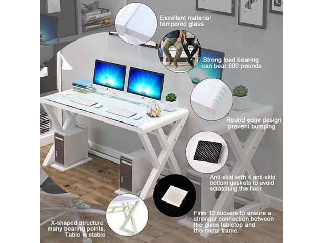 BINGTOO 55.1' Glass Top Computer Desk with Metal Frame - Modern Simple Workstation for Home Office, Gaming, Writing, Study & Work, White