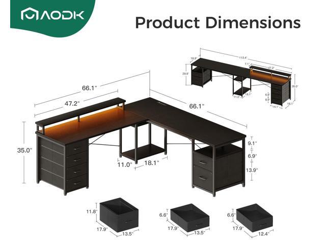 AODK 66' L Shaped Computer Desk, 113 Reversible Home Office Desk with File Cabinet & 4 Fabric Drawers, Two Person Desk with LED Lights & Power...