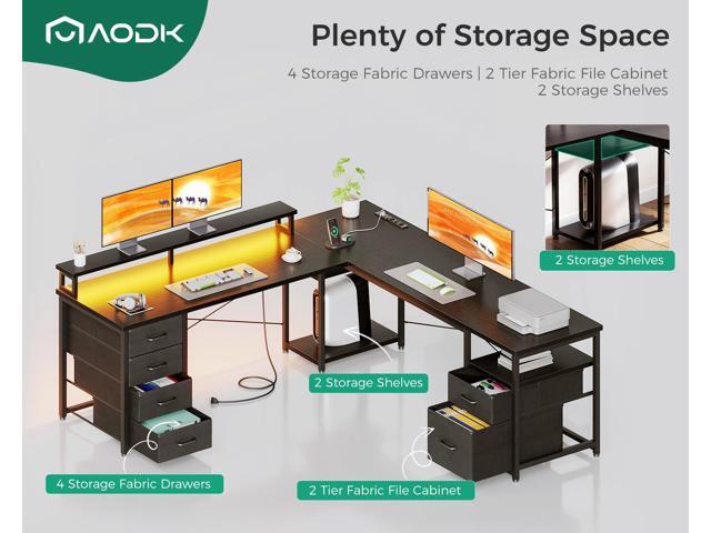 AODK 66' L Shaped Computer Desk, 113 Reversible Home Office Desk with File Cabinet & 4 Fabric Drawers, Two Person Desk with LED Lights & Power...