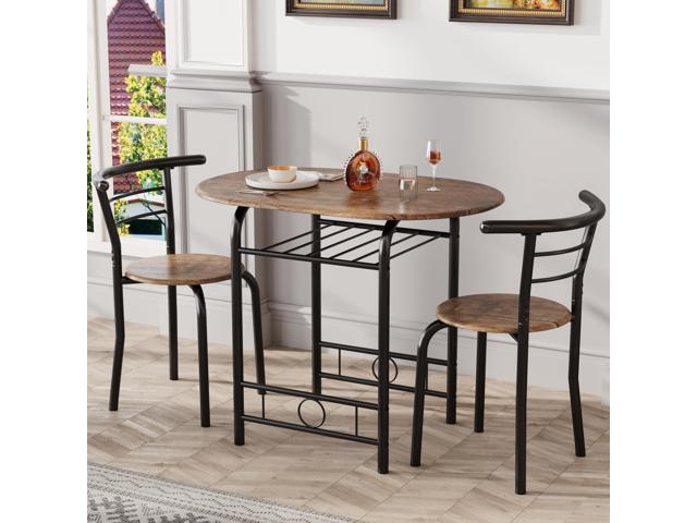 JUMMICO 3-Piece Wooden Round Table & Chair Set, Space Saving Kitchen Breakfast Nook Wood Grain Tabletop with Metal Frame and Built-in Wine Rack for...
