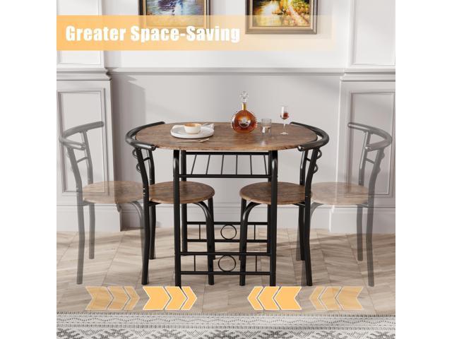 JUMMICO 3-Piece Wooden Round Table & Chair Set, Space Saving Kitchen Breakfast Nook Wood Grain Tabletop with Metal Frame and Built-in Wine Rack for...