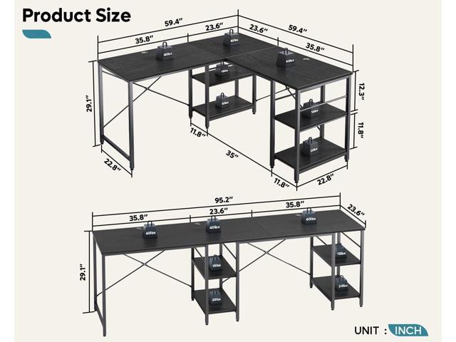 Bestier 95.2 L Shaped Desk, Reversible Corner Computer Desk or 2 Person Long Table with Adjustable Shelves, Large Writing Study Workstation with 3...