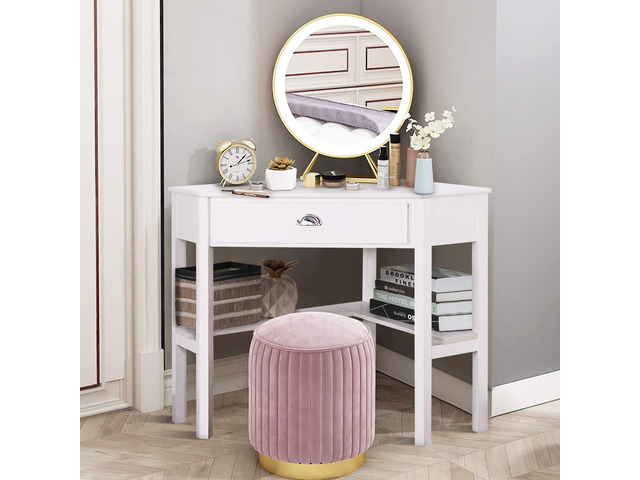 COSTWAY Corner Desk, Writing Corner Computer Desk with Drawer for Small Space, Wood Makeup Vanity Desk, Small Corner Desk with Shelves, Office...