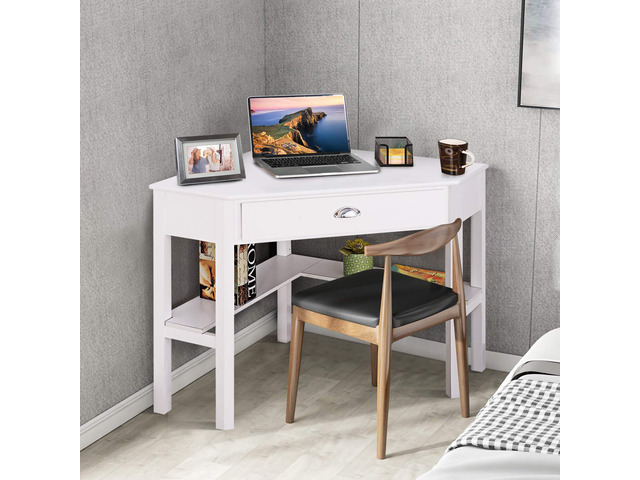 COSTWAY Corner Desk, Writing Corner Computer Desk with Drawer for Small Space, Wood Makeup Vanity Desk, Small Corner Desk with Shelves, Office...