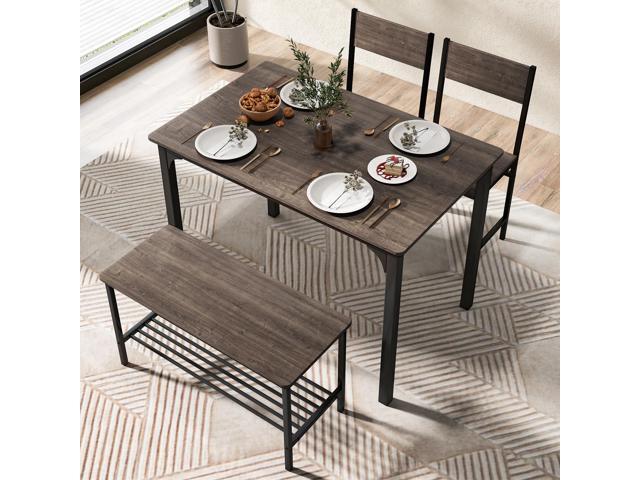 COSTWAY Dining Table Set for 4, Rectangular Kitchen Table Set with Bench and 2 Chairs, Storage Rack & Metal Frame, 4-Piece Dining Room Table and...