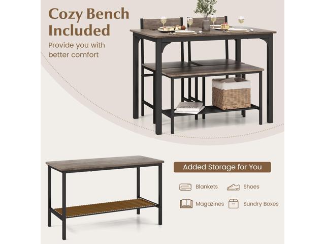 COSTWAY Dining Table Set for 4, Rectangular Kitchen Table Set with Bench and 2 Chairs, Storage Rack & Metal Frame, 4-Piece Dining Room Table and...