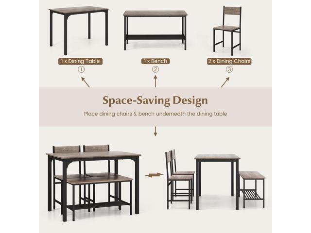COSTWAY Dining Table Set for 4, Rectangular Kitchen Table Set with Bench and 2 Chairs, Storage Rack & Metal Frame, 4-Piece Dining Room Table and...