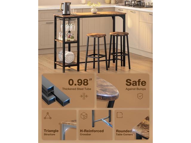 Small Bar Table Set with Glass Rack, Bar Height Table with Stools & 2 Storage Shelves,Behind Couch Table, Console Table for Entryway, Dining Room,...