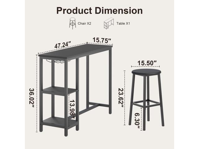 Small Bar Table Set for 2, Bar Table and Chairs Set for 2, Kitchen Table for 2 with 2 Storage Shelves & Wine Glass Holder, Dining Table for Small...
