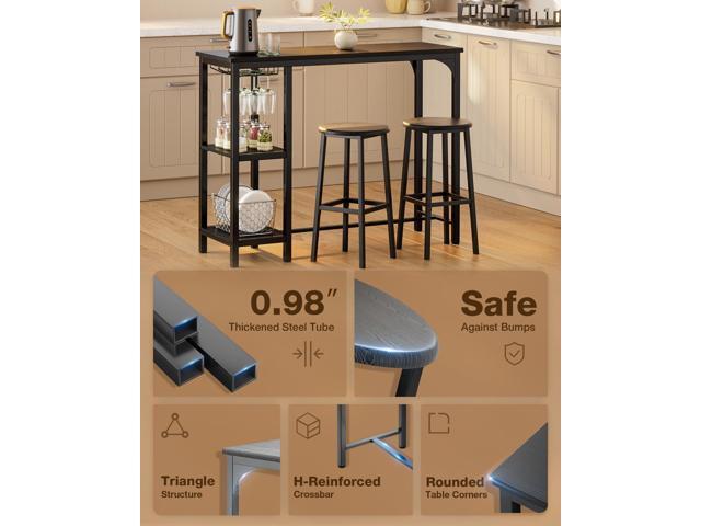 Small Bar Table Set for 2, Bar Table and Chairs Set for 2, Kitchen Table for 2 with 2 Storage Shelves & Wine Glass Holder, Dining Table for Small...