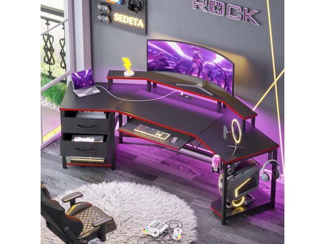 SEDETA 79' Gaming Desk, Computer Desk with 2 Fabric Drawers & LED Light, L Shaped Gaming Desk with Storage Shelf for Home Office, Carbon Fiber...