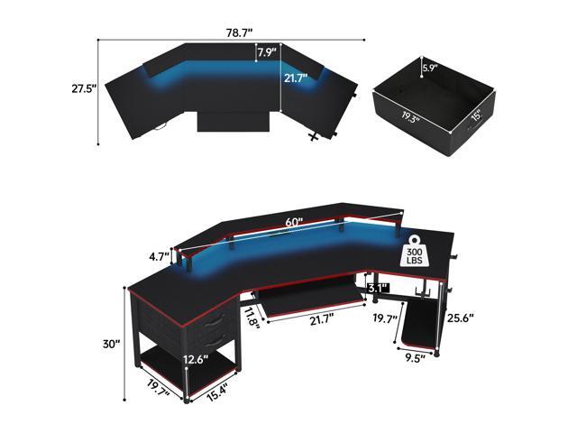 SEDETA 79' Gaming Desk, Computer Desk with 2 Fabric Drawers & LED Light, L Shaped Gaming Desk with Storage Shelf for Home Office, Carbon Fiber...