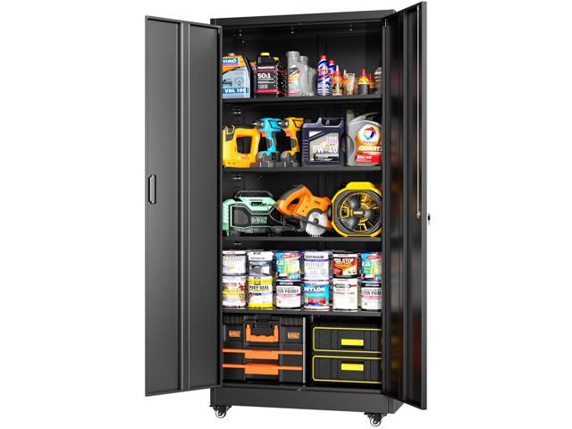 Greenvelly 73' Metal Garage Storage Cabinet with Wheels, Black Lockable Metal Cabinet with 2 Doors and 4 Adjustable Shelves, Rolling Steel Tool...