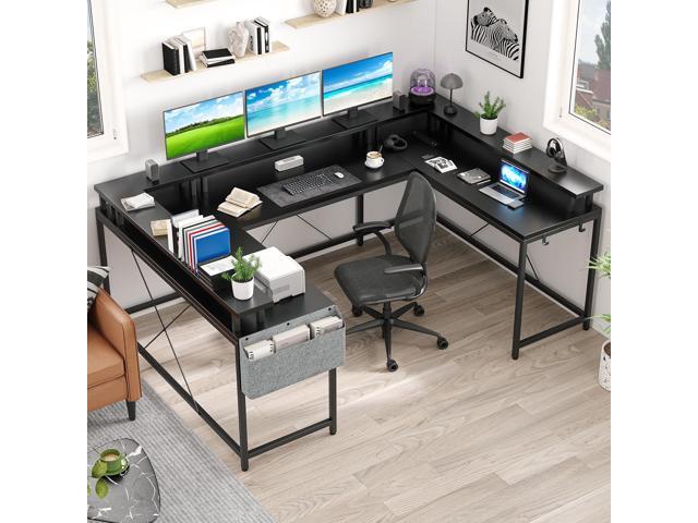 Jojoka U Shaped Computer Gaming Desk, Reversible L Shaped Desk with Power Outlets, LED Strip & Monitor Stand, Large Corner Desk with Storage...