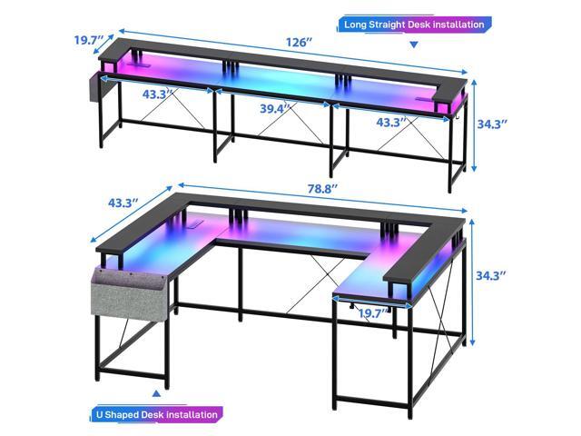 Jojoka U Shaped Computer Gaming Desk, Reversible L Shaped Desk with Power Outlets, LED Strip & Monitor Stand, Large Corner Desk with Storage...